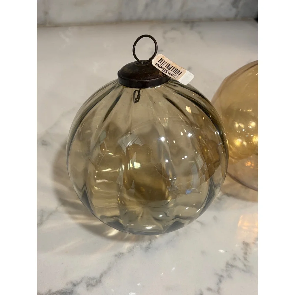 Crate‎ & Barrel Large Glass Xmas Ornaments Set 2 Smoke Grey Ribbed Amber Gold